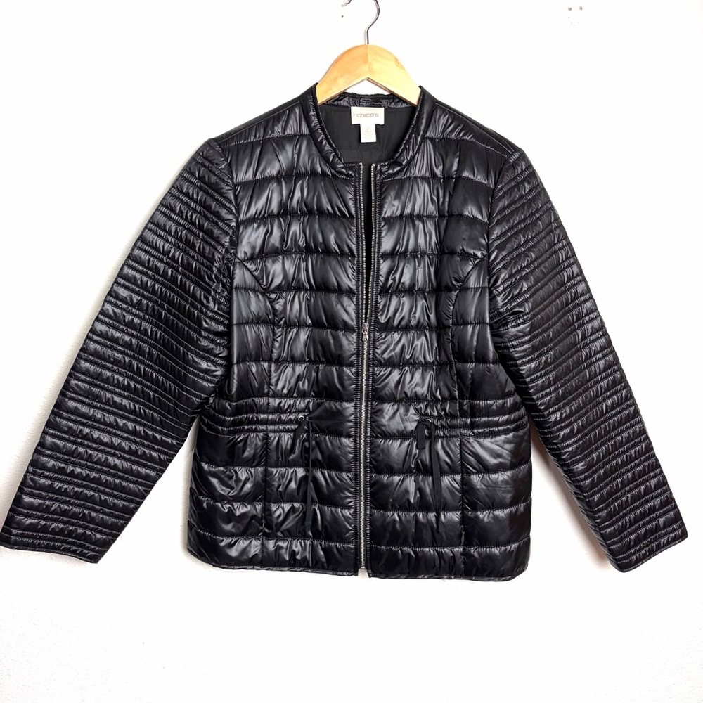 Chico's drawstring waist Black Quilted Jacket light weight puffer sz L XL